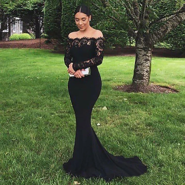 Gown Floor-length Evening Dress Lace Sweep Train Gown Black Custom Formal  Dresses Off-shoulder Long Sleeve Prom Party - Prom Dresses - AliExpress