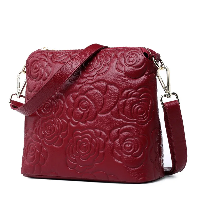 

WOMEN'S Bag 2019 New Style Leather Shoulder-bag Cowhide Rose Decorative Pattern Bucket Bag Camellia First Layer Cowhide Messenge