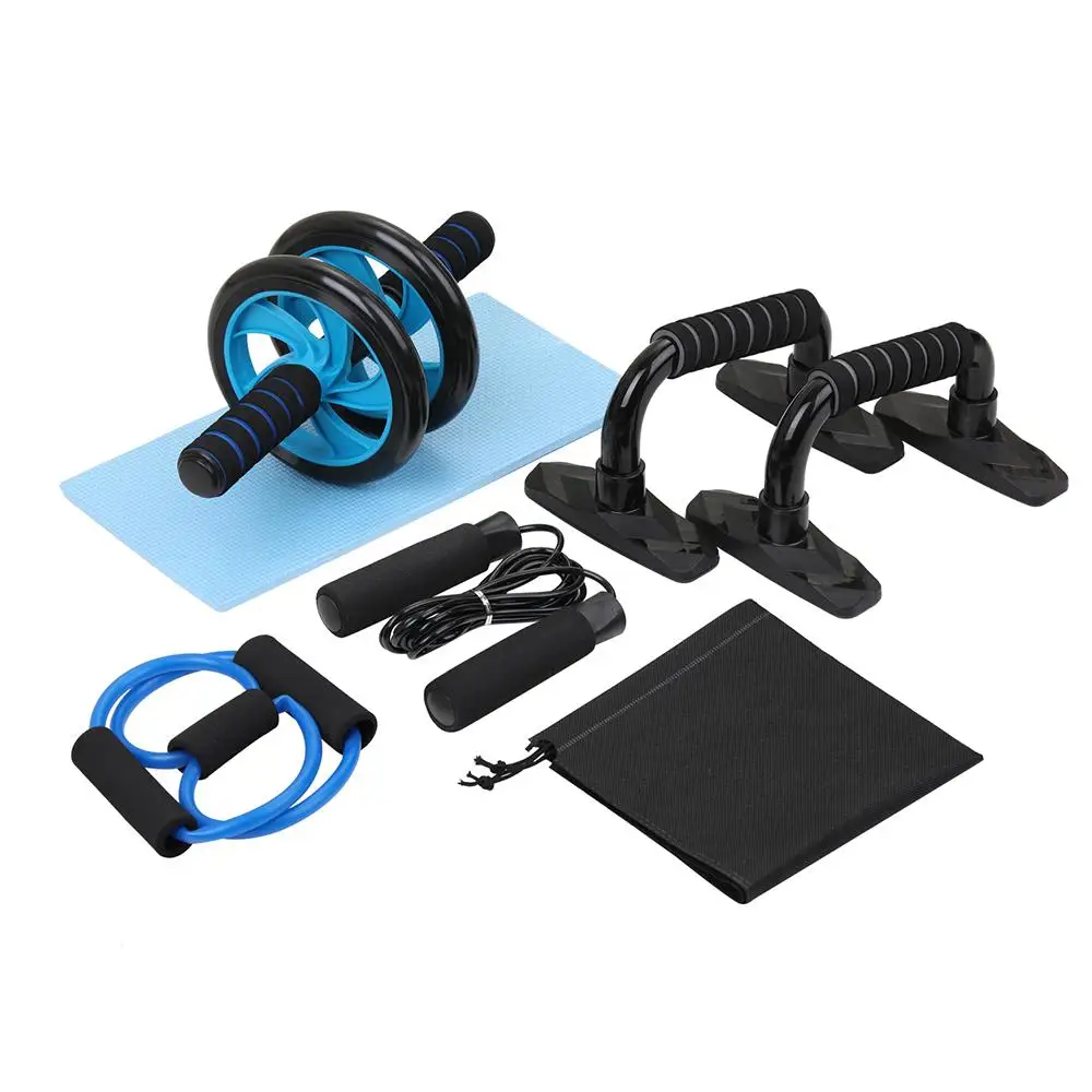

5 IN 1 Body Building Kit Fitness Equipment with two-wheeled abdominal wheel skipping rope push-up bar tensioner knee pad