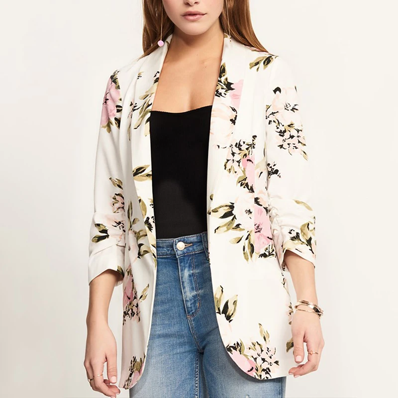 hunter-wish Women Lapel Blazer Suit Business Floral Coat Long Sleeve Jacket Outwear Office Lady
