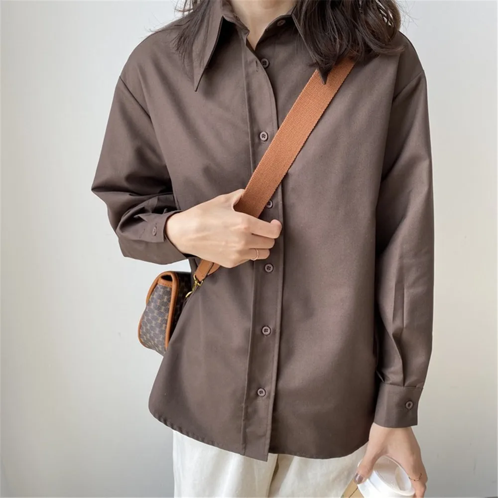 2020 Spring Women Brown Shirt Female Blouse Tops Long Sleeve Casual Turn-down Collar Style Women Loose Office Blouses Z1695 (45)