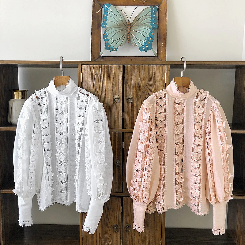 Dames Zoete Blouses 2019 Herfst Nieuwe Hollow Out Vlinder Kant Patchwork Lange Mouwen Elegant Roze Wit Blouses Tops Dames Zoete Blouses 2019 Herfst Nieuwe Hollow Out Vlinder Kant Patchwork Lange Mouwen Elegant Roze Wit Blouses Tops