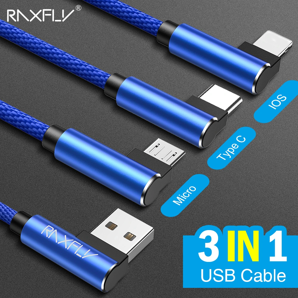 Кабель RAXFLY 3 в 1 USB Type C 90 градусов micro кабель для Samsung Galaxy S10 Xiaomi iphone 7 11 8 XR передачи