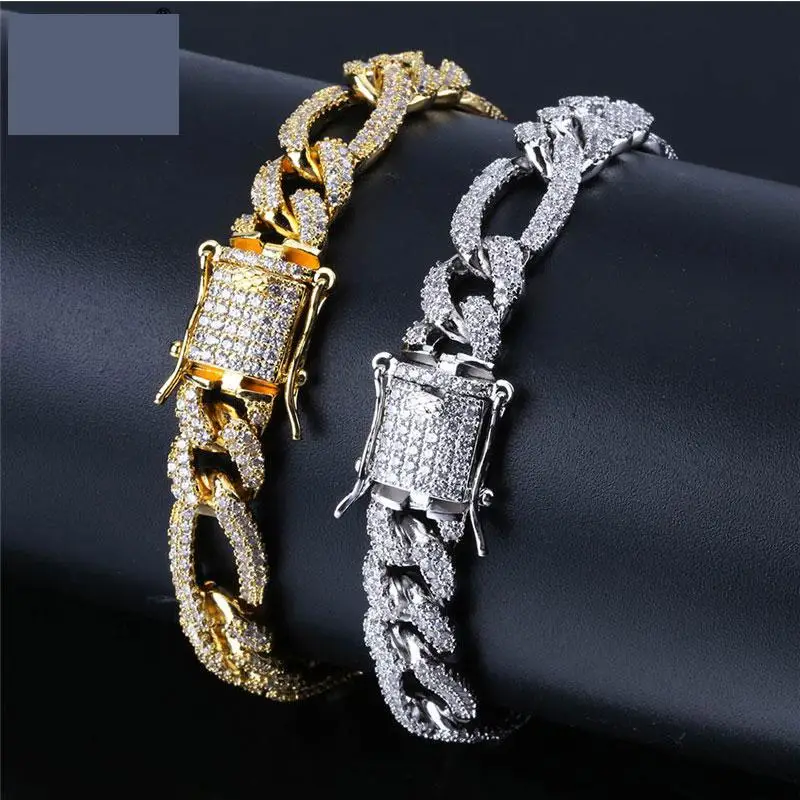 Хип хоп Bling Iced Out застежки полный ААА Стразы браслет «Фигаро» Золото Серебро Медь Майами кубинские браслеты для мужчин ювелирные изделия