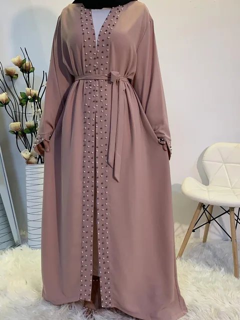 Latest Muslim Abayas for Women Islamic Fashion Pearls Kimono Robe Modest Dress Long Elegant Cardigans