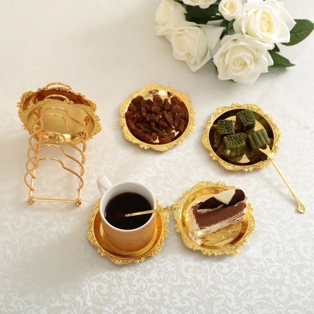 Golden Cocktail Coaster Metal Exquisite Cake Tray Set Dishes Rack Set Vintage Zinc Alloy Silver Plated Mat Placemat Snack Tray