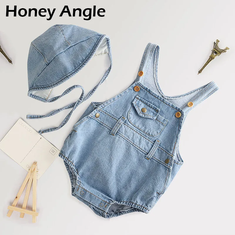 

Honey Angle Spring Autumn Fashion Infant Rompers Denim Overall Toddler Climbing Cothes Casual Baby Solid Jump Suit With Hats