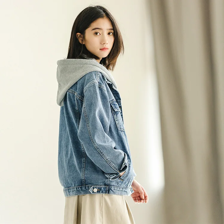 

2019 Spring And Summer New Korean Laziness BF College Style Retro Washing Versatile Hooded Cowboy Short Jacket Women's Fashion
