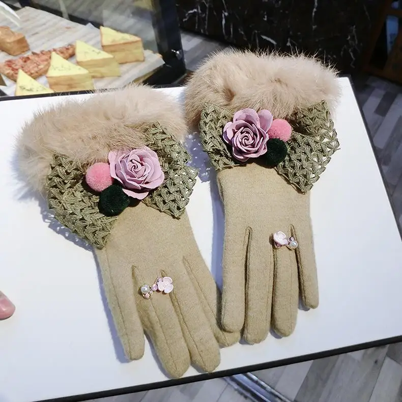 khaki Модные женские зимние перчатки с большим бантом из кроличьей шерсти, перчатки для сенсорного экрана, женские меховые перчатки для вождения, Agb594 - Color: khaki