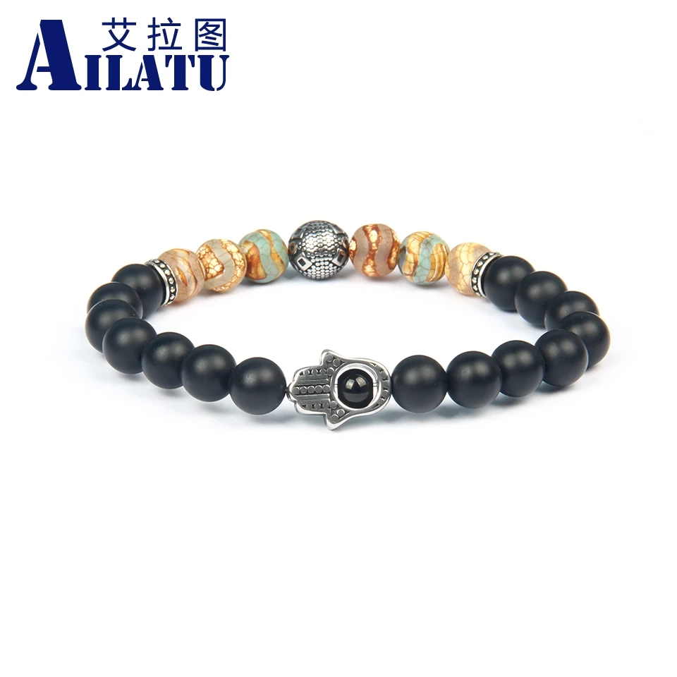 

Ailatu New Stainless Steel Fatima Hand Hamsa Bracelet with Natural Matte Onyx & Wave Dzi Eye Stone Beads Top Quality