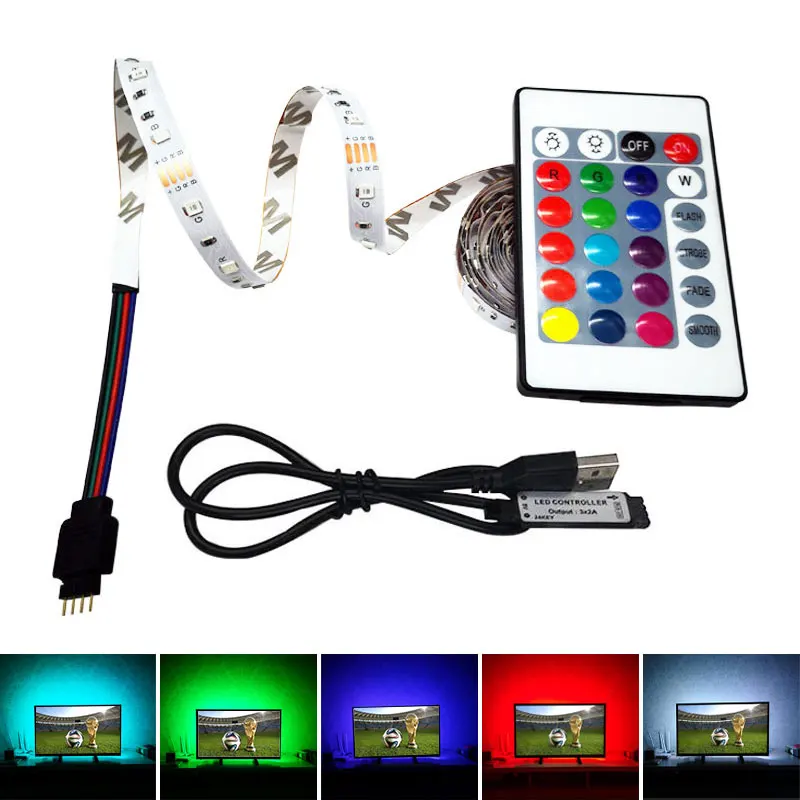 LED Strip TV 5V White/Warm White/RGB 0.5M 1M 2M 3M 4M 5M Flexible Ribbon Tape Adhesive RGB 24Key Remote Background Lighting | Лампы и