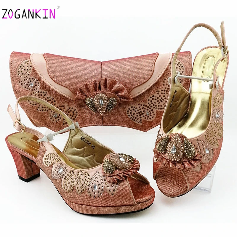 

Latest Design African Sandals with Matching Bags Set Decorated with Rhinestone Italian Peep Toe Shoes for Women Party Pumps
