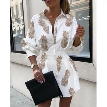 

Autumn Women Mini Dress New Letter Pinapple Printed Loose Casual Shirt Dresses Fashion Long Sleeves Buttons Female Short Vestido