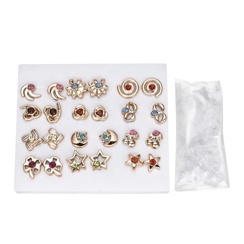 12 pair gold random 12~ 36 пар Мода для женщин девочек смола пластик Хрустальный Алмазный цветок серьги-гвоздики набор случайный стиль золото серебро ювелирные изделия - Metal Color: 12 pair gold random