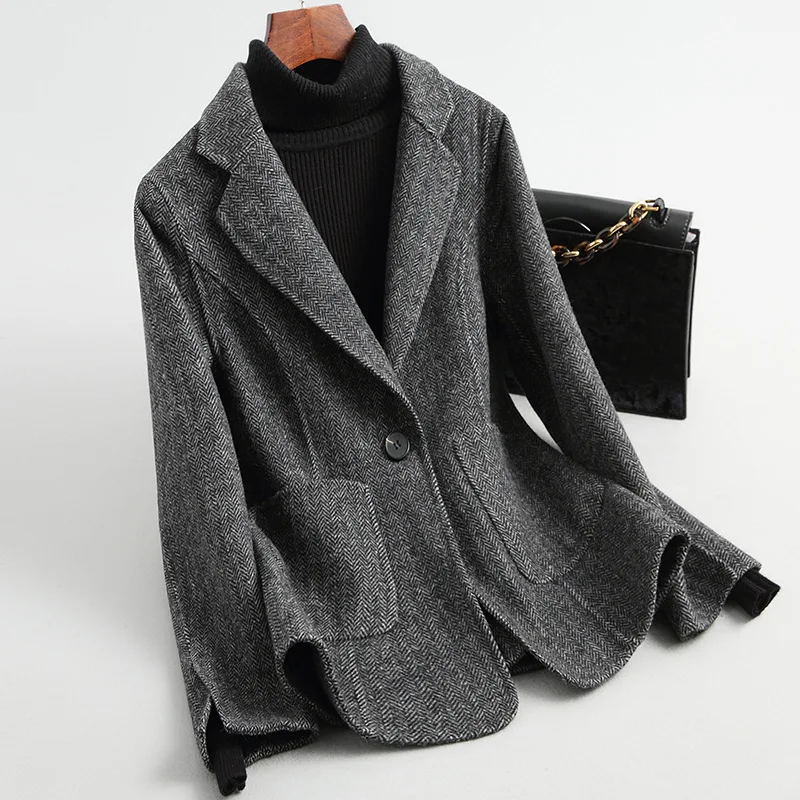 Grey Женский 19FW двусторонний шерстяной твидовый Блейзер, пальто, куртка на одной пуговице, приталенный, в полоску - Цвет: Grey