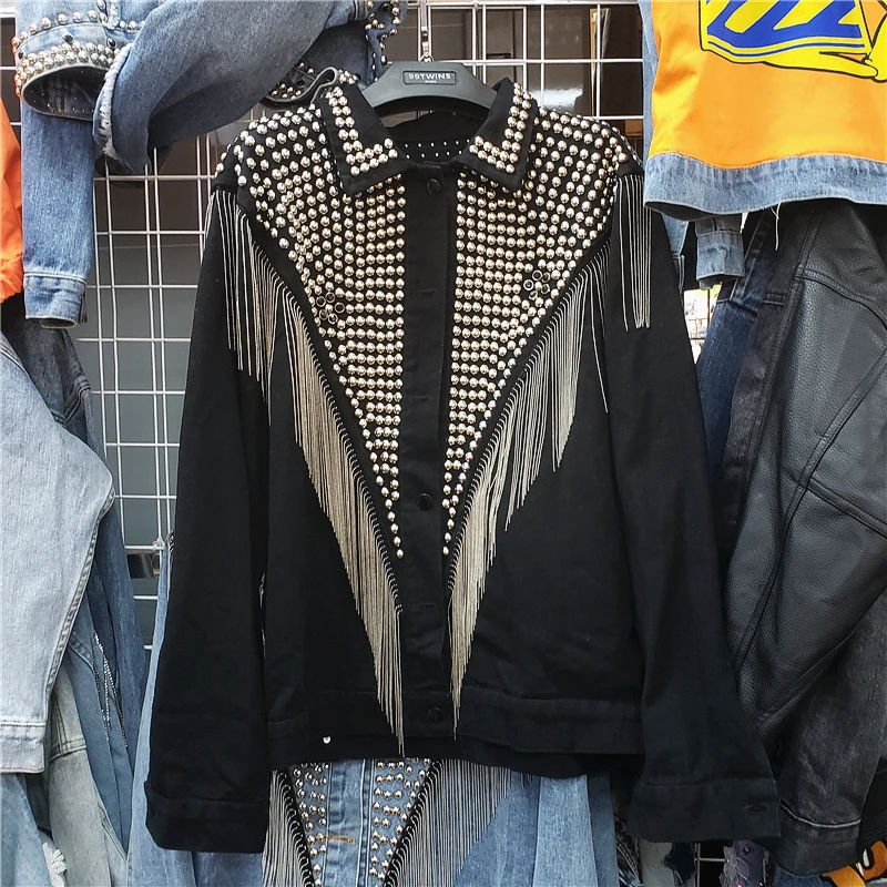 

2023 Autumn Fashion Rivet Tassel Denim Jacket Coat Women Korean Loose Short Outerwear Black Blue Jeans Jacket Female Streetwear