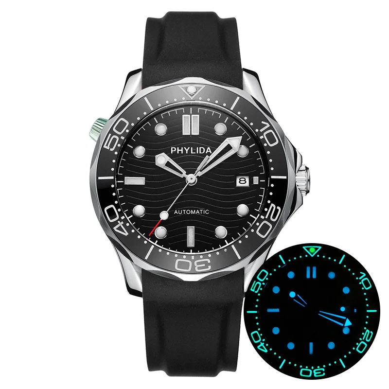100M Tested WR Black Wave JAPAN MIYOTA Mechanical Automatic Watch DIVER300M Style Domed Sapphire Crystal Solid SS Super Luminous | Наручные
