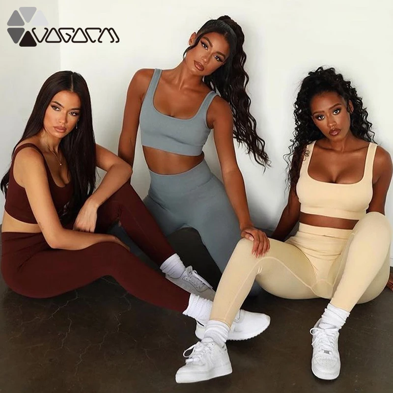 

Seamless 2 Piece Yoga Set Women Knitted Sexy Sports Bras Top High Waist Leggings Fitness Suits Gym Set Workout Clothes Tracksuit