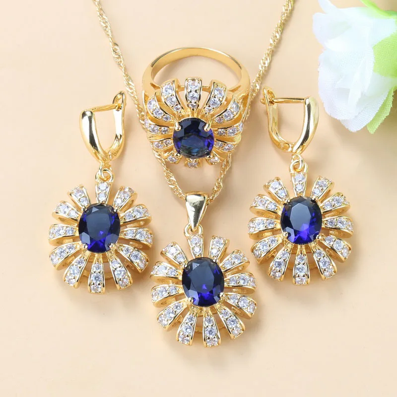 Dubai Bridal Yellow Gold Jewelry Sets For Women Natural Stone CZ Blue Dangle Earrings Necklace And Ring | Украшения и аксессуары