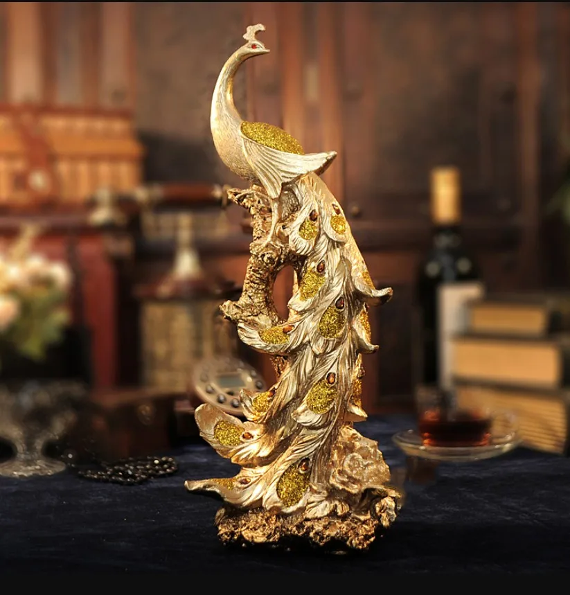 Статуэтка Феникса из смолы 42 см Золотая красочная птицы чудо скульптура орнамент