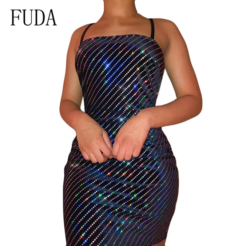 

FUDA Women Mini Spaghetti Strap Backless Sexy Dress Summer Bandage Black Club Party Dress Elegant Bodycon Dresses Femme Vestidos
