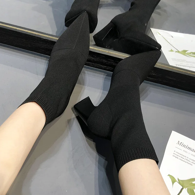 KATELVADI облегающие брюки; эластичные женские ботильоны острый носок сапоги на высоком квадратном каблуке(7 см) сапоги женская обувь модная женская обувь K-497