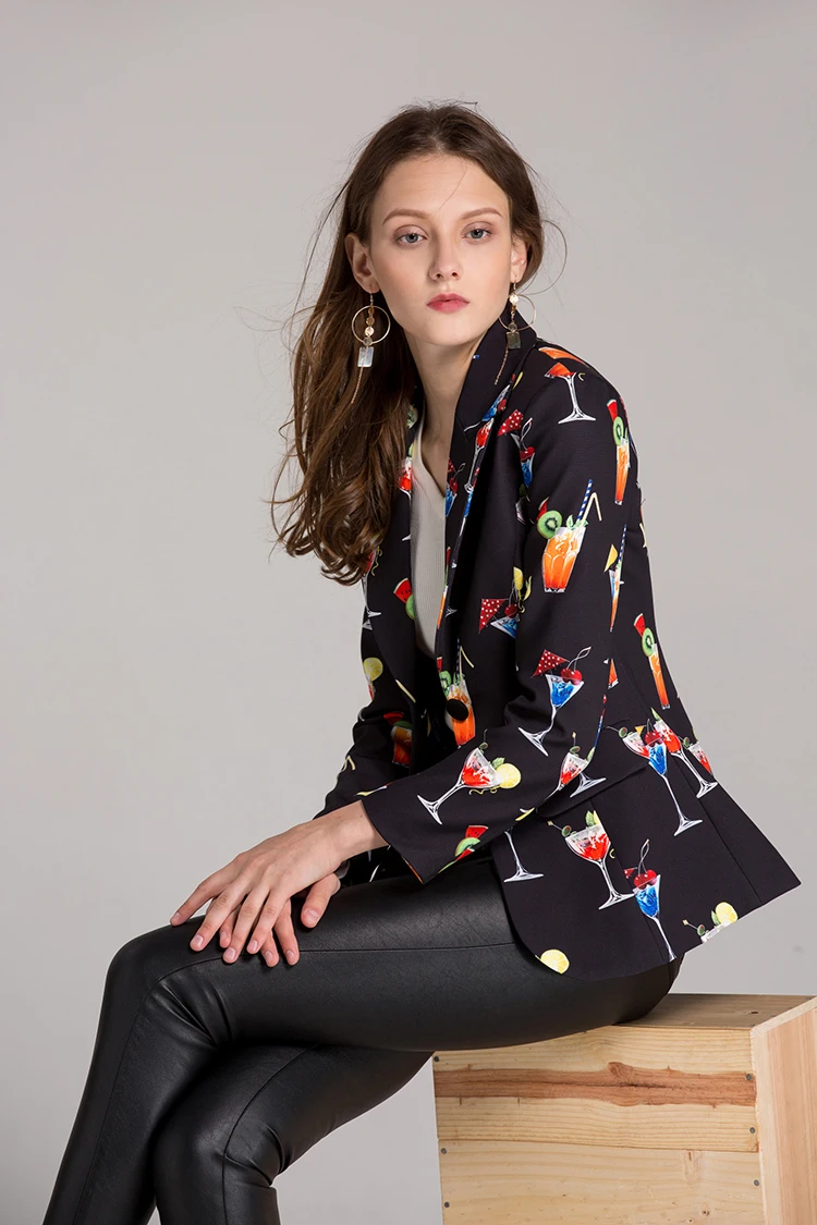 SEQINYY Black Blazer Autumn New Fashion Design Long Sleeve Women Wine Glass Printed Female Jacket