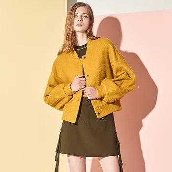 

2020 Spring Autumn Women New Loose Fashion Short Baseball Collar Temperament Wool Solid Single Breasted Short Coat Z201