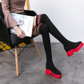 

SWYIVY Knit Sock Shoes Women Thigh High Boots Shoes Woman 2019 Autumn Black Casual Shoes Over The Knee Boots For Women Platform