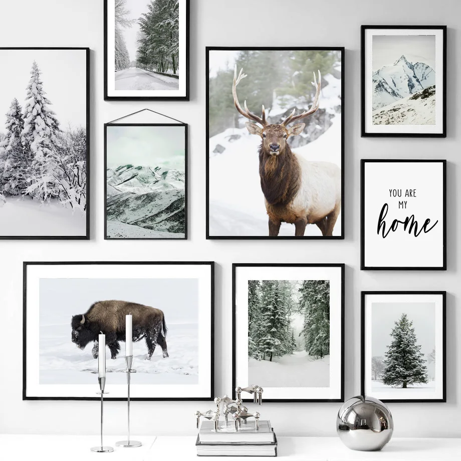 Wall-Art-Canvas-Painting-Winter-Hill-Snow-Forest-Pine-Deer-Bison-Nordic-Posters-And-Prints-Wall (2)
