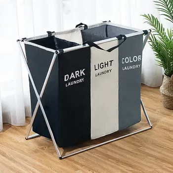 

1pc Foldable Dirty Laundry Basket Organizer Printed Collapsible Three Grid Home Laundry Hamper Sorter Laundry Basket Large