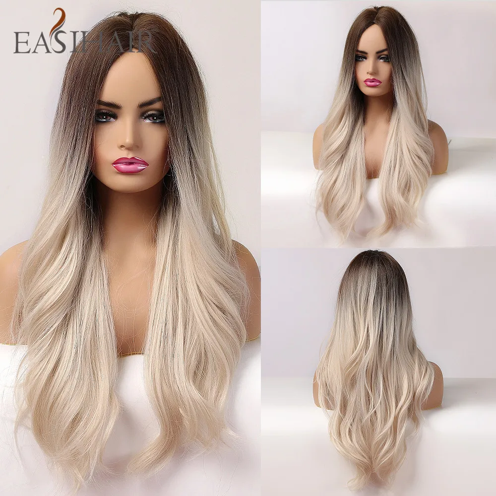 Big Deal Wigs Hair-Wig Blonde Synthetic-Hair Long Women Middle-Part Wavy Heat-Resistant Brown KJnrD3KB1