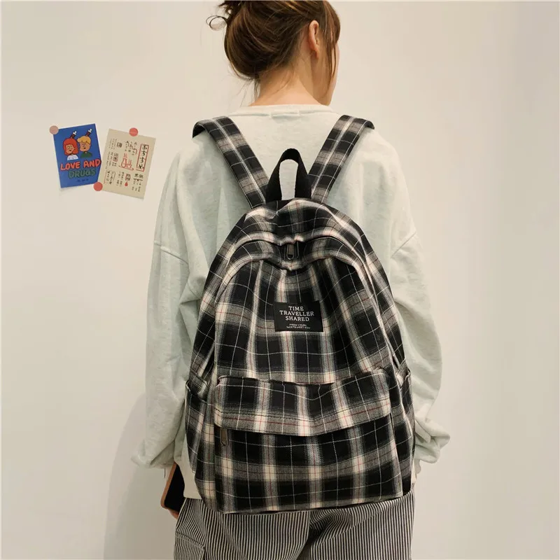 Fashion Plaid Canvas Women Backpack College Student Backpack Teenage Girl School Bags Large Capacity Waterproof Travel Rucksack