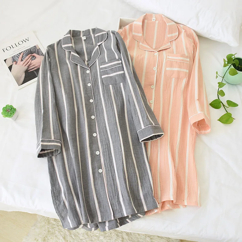 

Women's Spring and Summer New Long-Sleeved Nightdress Cotton Women's Mid-Length Cotton Nightdress Home Service