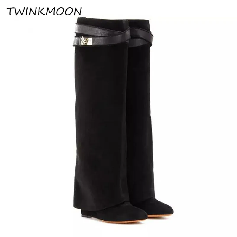Wedge Shark Lock Women's Boot Genuine Leather Knee High Boots Winter Black Designer Fold Over Long Boot Botas Botas Mujer 2019