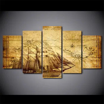 

5 Panel Old Ship Map Painting On Canvas Room Decoration Print Poster Picture Canvas Wall Art Painting