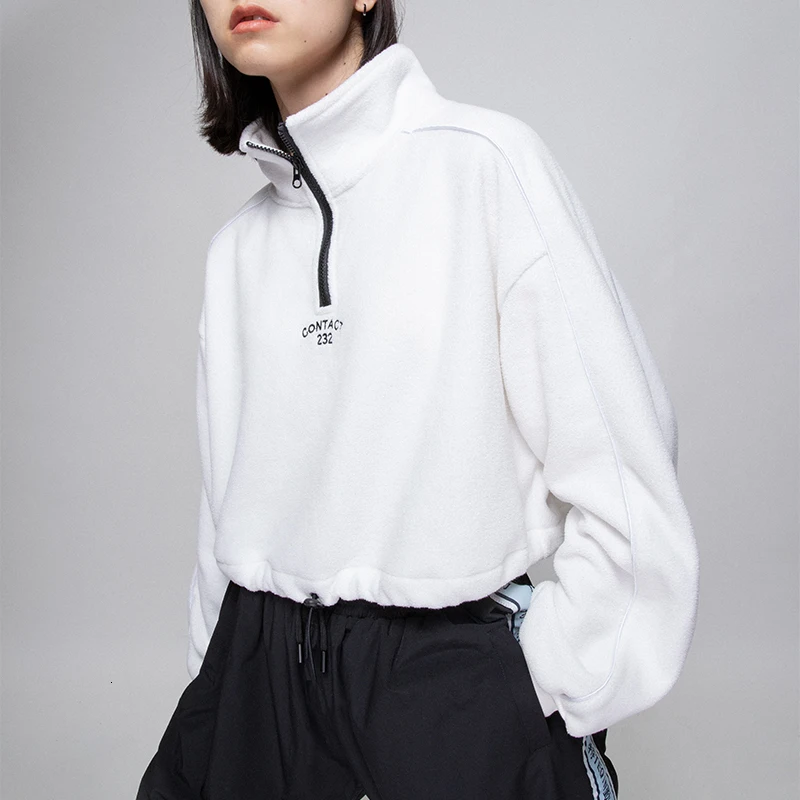 [DEAT] Original Design Fashion Leisure Style Stand Zipper Full Sleeve Granular Velvet Pullover Sweatshirt Women AY154 - Цвет: Beige
