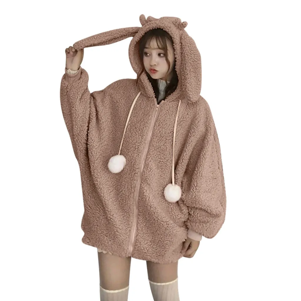 Feitong Kawaii, Женская толстовка, женские толстовки, женская зимняя теплая куртка из искусственного меха, одноцветная толстовка с капюшоном, верхняя одежда с заячьими ушками