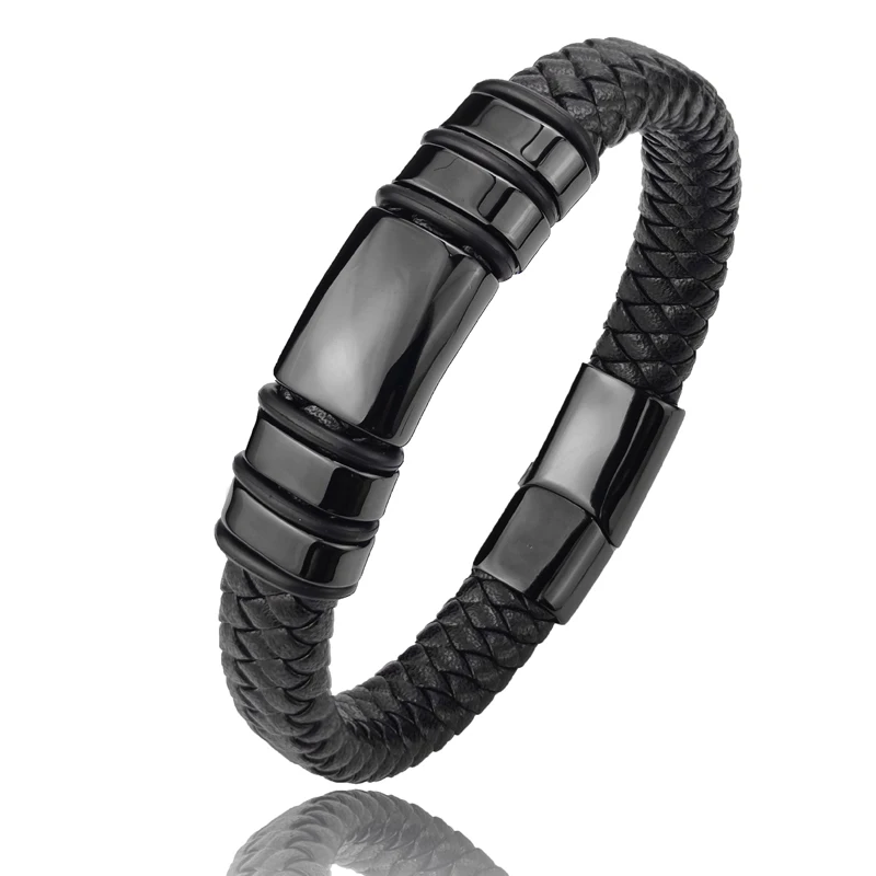 Black Genuine Leather Mens Fashion Bracelet Gift