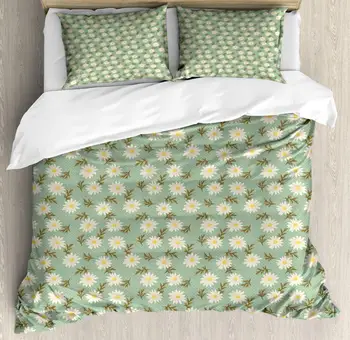 

Floral Vintage Duvet Cover Set Daisies on Polka Dots 3 Piece Bedding Set Dark Khaki Pale Earth Yellow Eggshell Pistachio Green