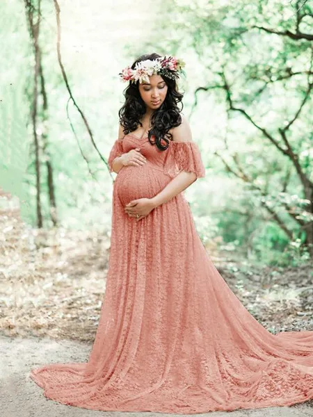 Кружевное платье для беременных, Одежда для беременных, Макси-Платье, женское свадебное платье, сексуальная фотосессия, реквизит для фотосессии, одежда - Цвет: Арбузно-красный