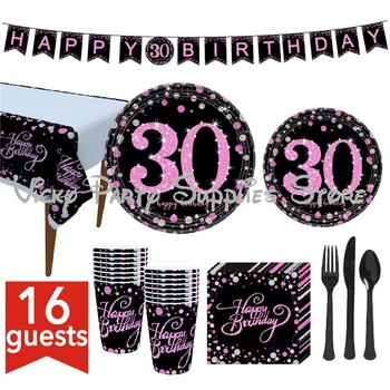 

103pcs/lot Age Letters Party Disposable Tableware Anniversary Wedding Birthday Pink Gold Cup Plate Party Decoration Supplies
