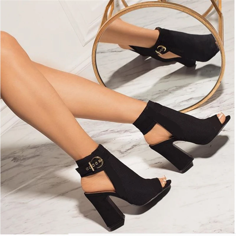 2019 mujeres sandalias de verano 11,5 cm alto tacón Peep Toe grueso botas sandalias de dama de hebilla bombas marrón sandalias zapatos| Sandalias de mujer| - AliExpress