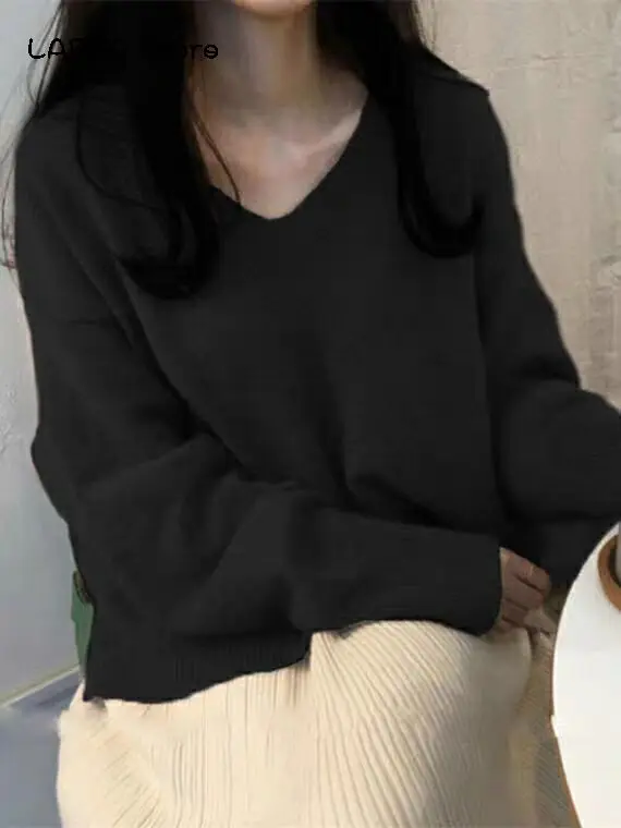 oversize sweater women ribbed knitted V neck loose pullovers casual solid autumn winter clothes women green pink black 1