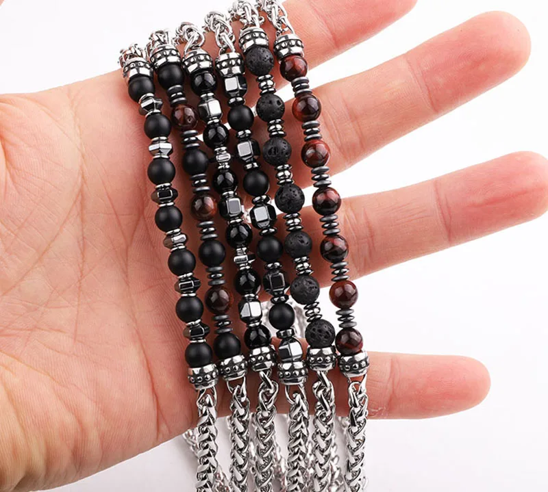 Dropship New Design Natural Stone Stainless Steel Chain Beaded Bracelet Men Jewelry Gift - Image 5