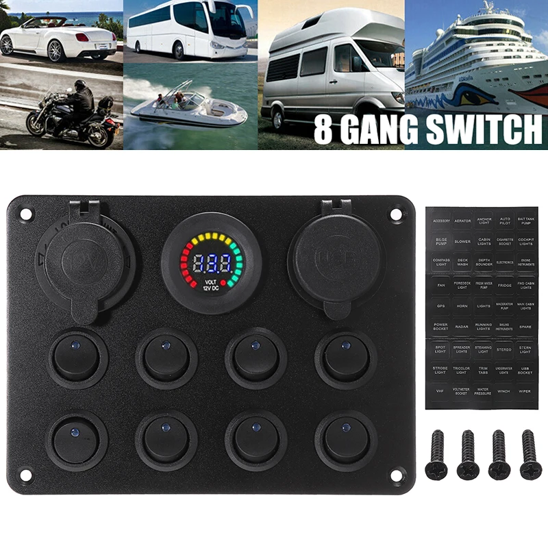 

1pc Boat Switch Panel Car Switch Panel Digital Voltmeter Dual USB Port 12V Outlet Combination Marine LED Rocker 8 Gang
