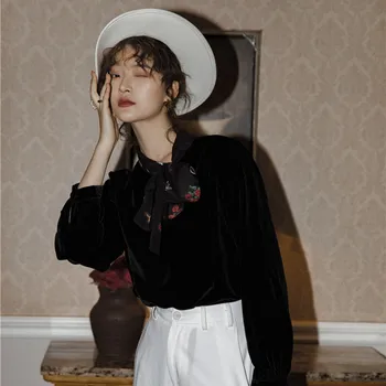 

COIGARSAM Vintage blouse women Bow blusas womens tops and blouses Black 3132