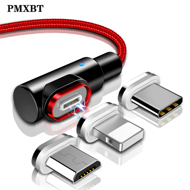 Магнитный usb-кабель для зарядки, 90 градусов, 3 А, быстрая зарядка, Micro usb type C, зарядное устройство для телефона, адаптер, освещение для iPhone, Xiaomi, USBC, провод
