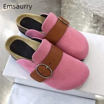 

Sweet Round Toe Spring 2021 Women Slippers Studded Buckle Belt Wool Suede Flat Heel Slip-on Runway Mules For Woman