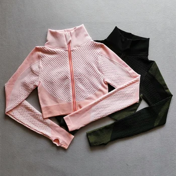 

Seamless Long Sleeve Yoga Tops Women Sports Top Fitness Gym Zipper Workout Shirt Crop Tops With Thumb Hole Running Sports Wear